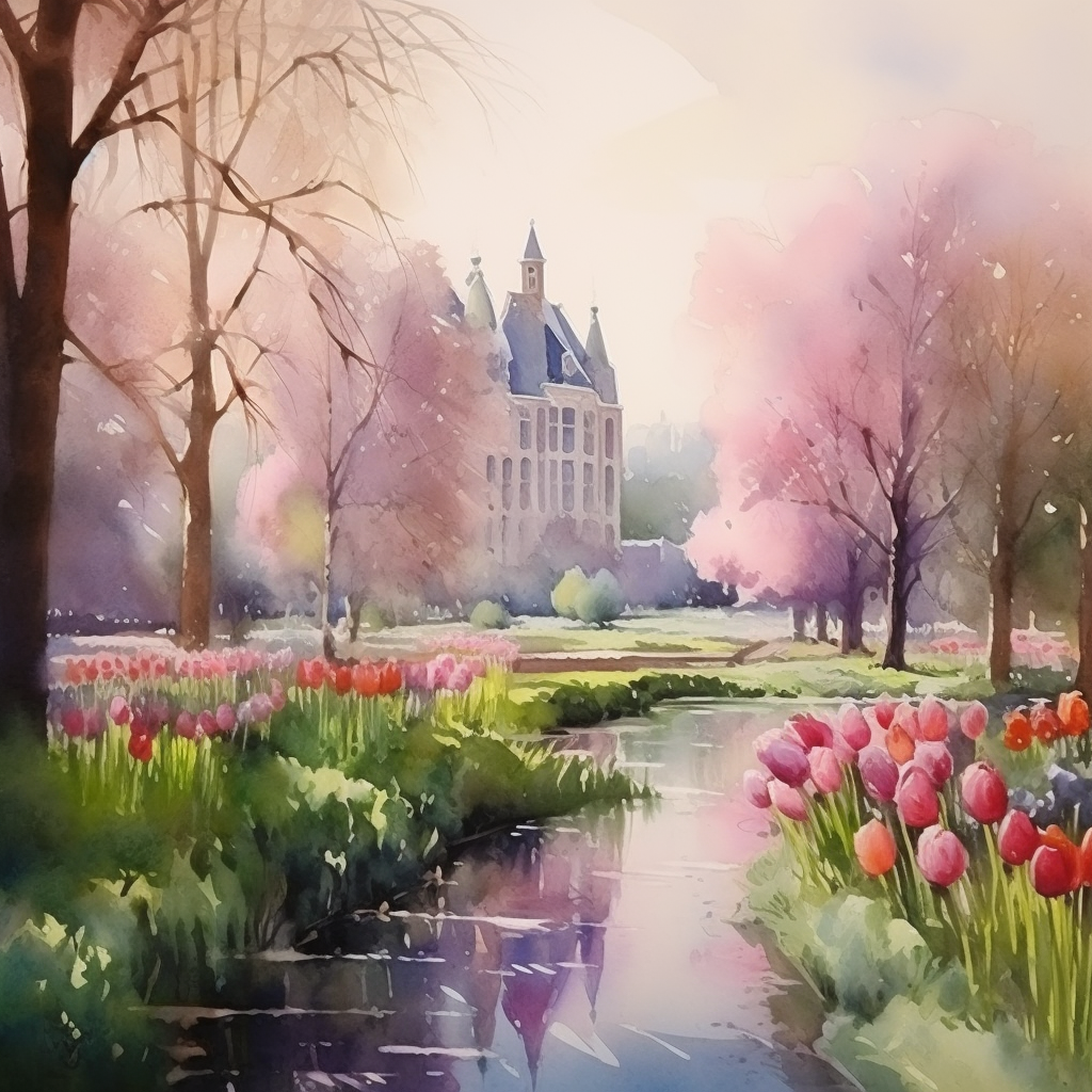 Keukenhof gardens in spring watercolour